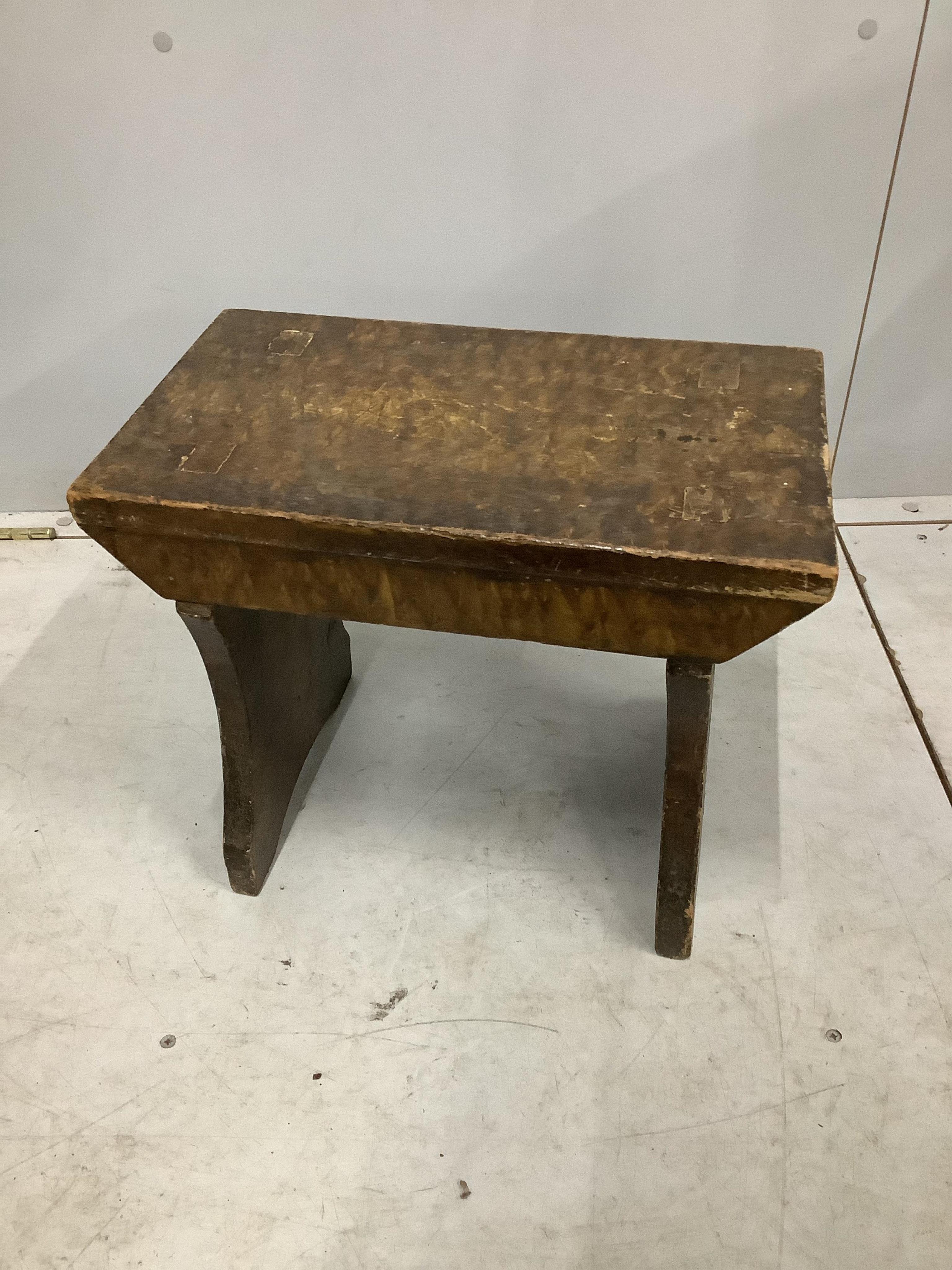 A 19th century pine stool with simulated painted grain together with an Edwardian two tier circular occasional table and one other two tier table. Condition - poor to fair